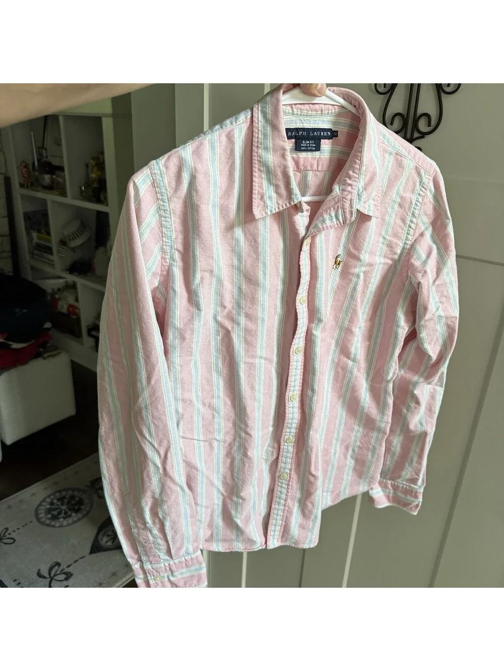 Ralph Lauren Womens 12 Slim Fit Pink Striped Oxford Shirt Pony Button Down